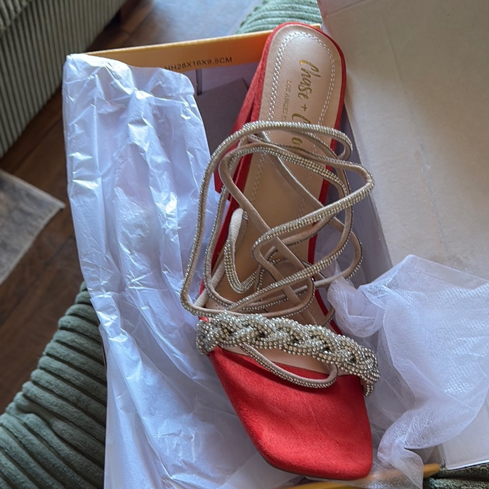 Red High Stiletto Heels with Strappy Design